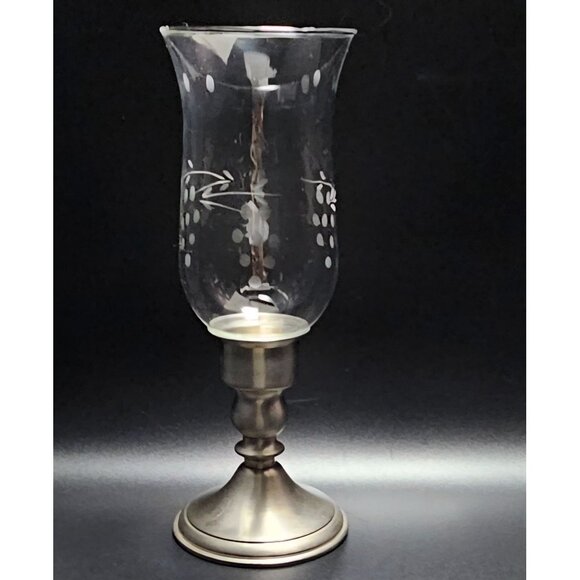 Leonard Colonial Hurricane Candlestick Holder 10" Etched Glass Pewter Base vtg 8 - Picture 8 of 9